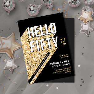 Glitter Black & Gold Bold Typography 50th Birthday Invitation