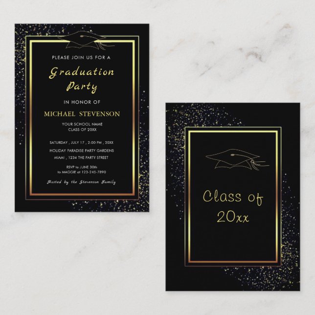 Glitter Black Gold Graduation Invitation Template (Front/Back)