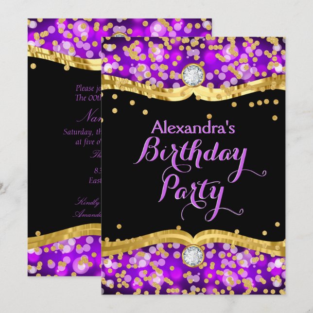 Glitter Black Gold Purple Confetti Birthday Party Invitation (Front/Back)