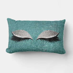 Glitter Black Makeup Eye Lashes Teal Silver Eye Lumbar Cushion