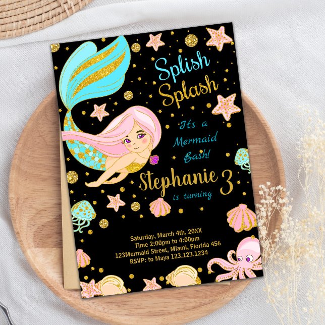 Glitter Black Mermaid Birthday Invitations (Glitter Black Mermaid Birthday Invitations)