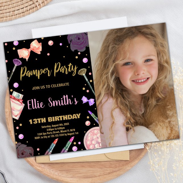 Glitter Black Photo Pamper Party Birthday Invitation (Glitter Black Photo Pamper Party Birthday Invitation)
