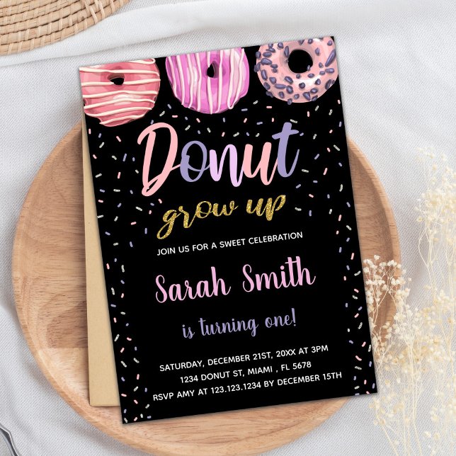 Glitter Black Pink Light Doughnut Birthday Invitation (Glitter Black Pink Light Donut Birthday Invitation)