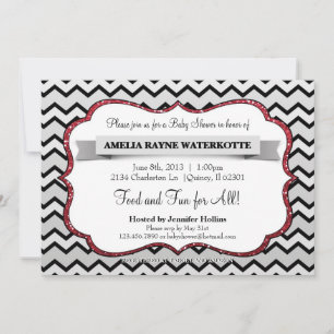 Glitter Black Red Chevron Baby Shower Invitation