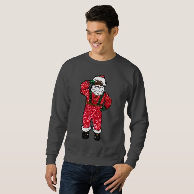 glitter black santa claus xmas mens sweatshirt (Front Full)