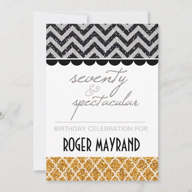 Glitter Black, Silver, Gold 70th Birthday Invite (Front)