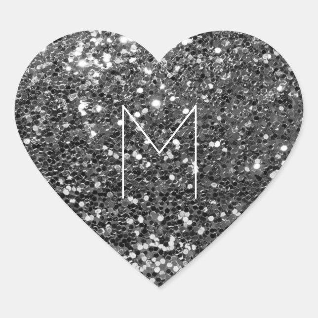 Glitter Black Silver Grey Metallic Minimal Monogra Heart Sticker (Front)