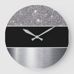 Glitter Black Silver Pattern Print Design Large Clock