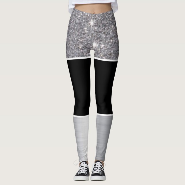 Glitter Black Silver Pattern Print Design Leggings (Front)