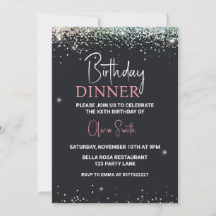 Glitter Black Sparkle Birthday Dinner Invitation
