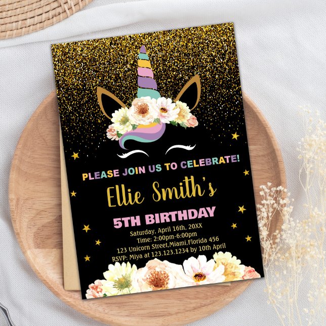 Glitter Black Unicorn Birthday Invitations (Glitter Black Unicorn Birthday Invitations)