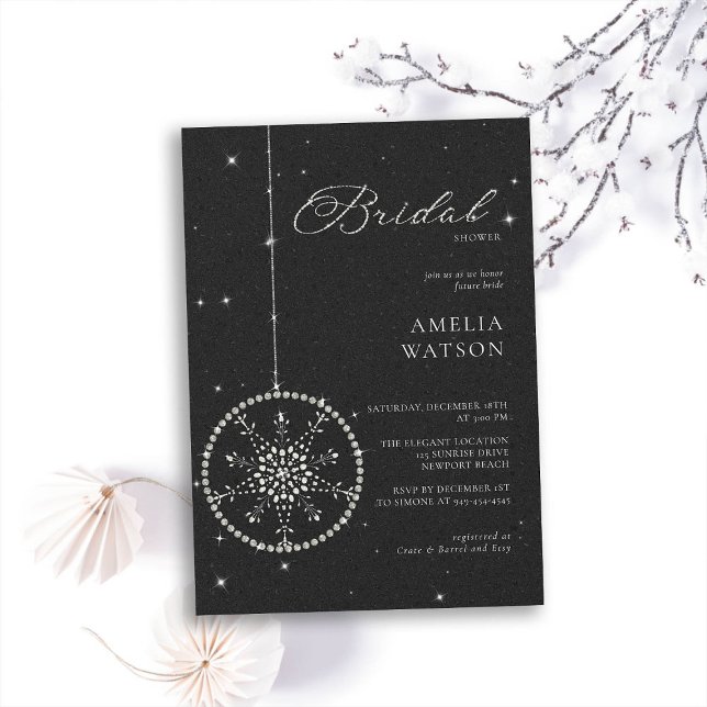 Glitter Bling Snowflake Black White Bridal Shower Invitation (winter bridal shower invitation christmas bauble snowflake bling rhinestones glitter black white )