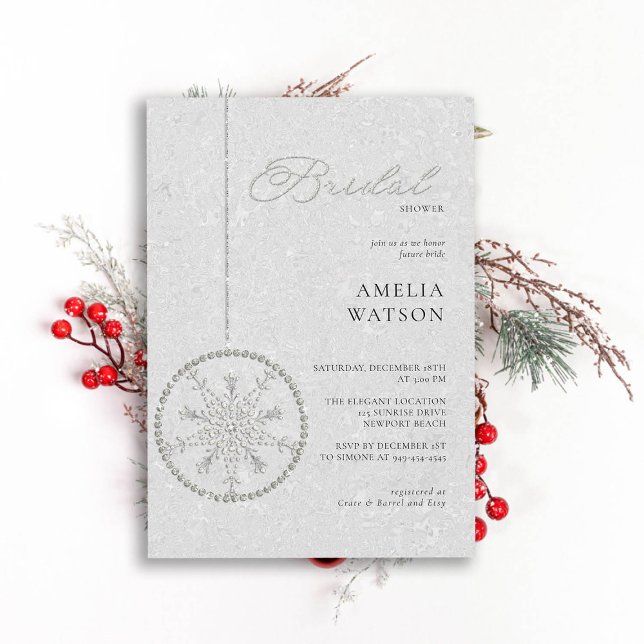 Glitter Bling Snowflake White Winter Bridal Shower Invitation (winter bridal shower invitation christmas bauble snowflake bling rhinestones glitter white classy)