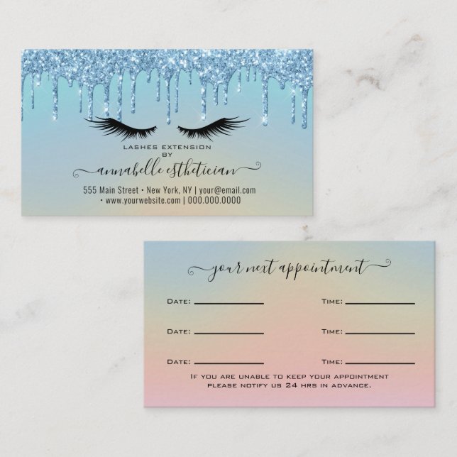 Glitter Blue Eyelash Extension Appointment  Business Card (Front/Back)