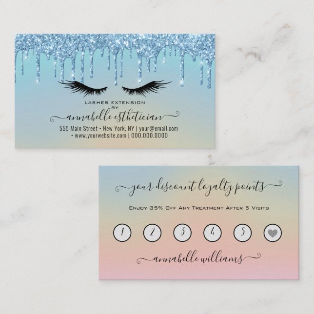 Glitter Blue Eyelash Extension Loyalty  Business Card (Front/Back)