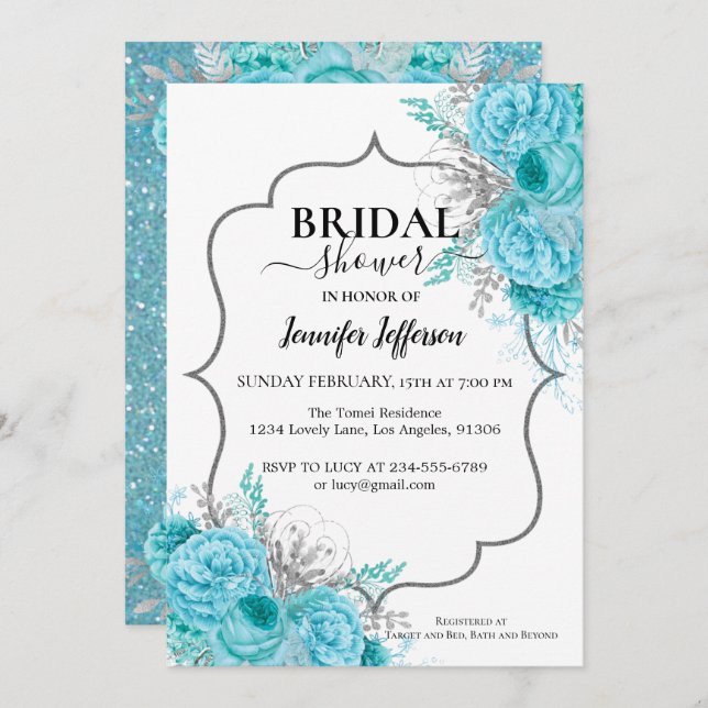 Glitter Blue Floral Bridal Shower Invitation (Front/Back)