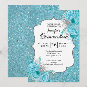 Glitter Blue Floral Quinceanera Invitation
