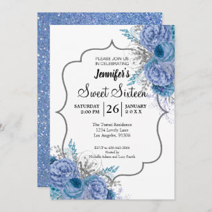 Glitter Blue Floral Sweet 16 Birthday Invitation