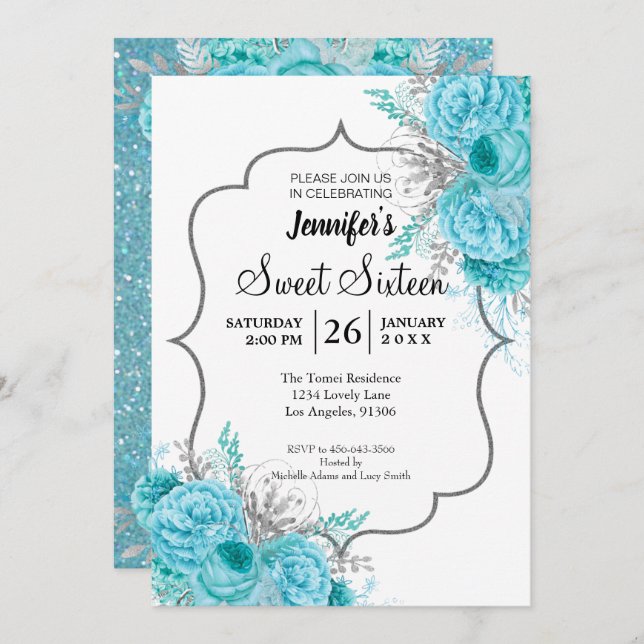 Glitter Blue Floral Sweet 16 Birthday Invitation (Front/Back)