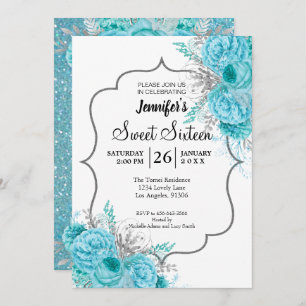 Glitter Blue Floral Sweet 16 Birthday Invitation