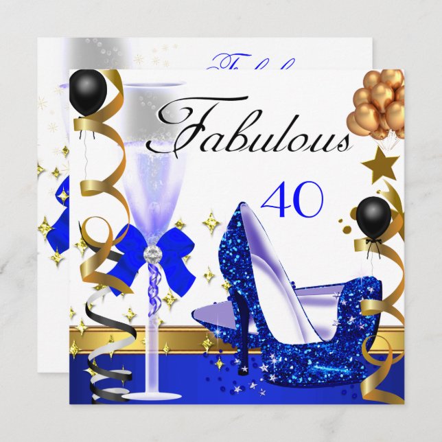 Glitter Blue Gold 40 Fabulous 40th Birthday Party Invitation (Front/Back)