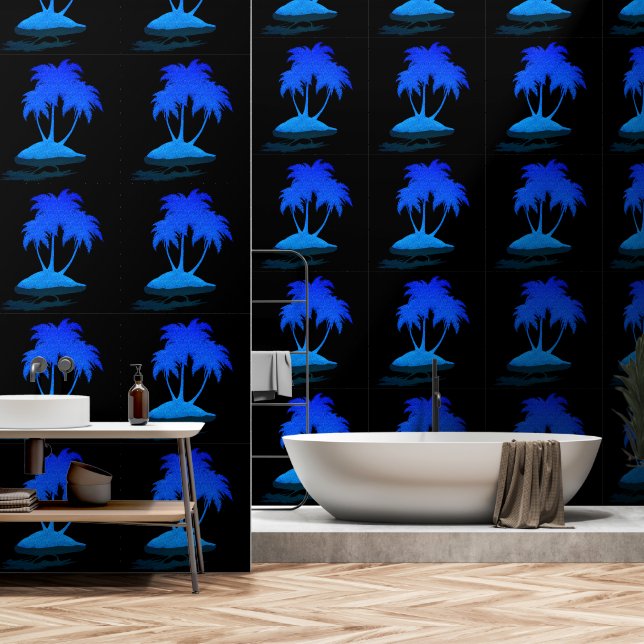 Glitter Blue Palm Exotic Island Custom Colour Blac Wallpaper (Bathroom)