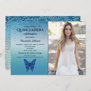 Glitter Blue Photo Quinceanera Birthday Invitation