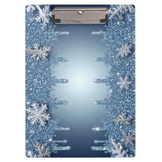 Glitter Blue Snowflake Frame With Icicles Clipboard (Front)