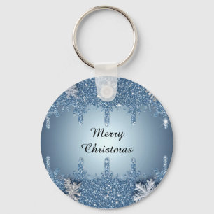 Glitter Blue Snowflake Frame With Icicles Key Ring