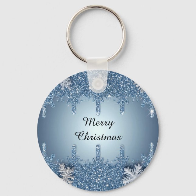 Glitter Blue Snowflake Frame With Icicles Key Ring (Front)