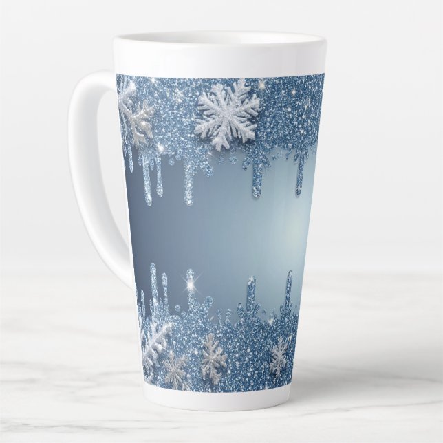 Glitter Blue Snowflake Frame With Icicles Latte Mug (Left Angle)