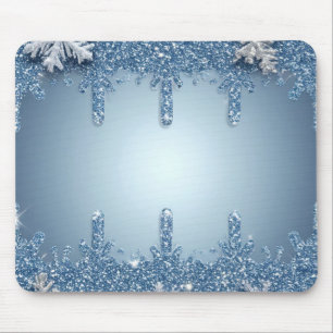 Glitter Blue Snowflake Frame With Icicles Mouse Pad