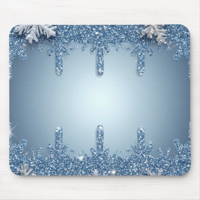 Glitter Blue Snowflake Frame With Icicles Mouse Pad (Front)