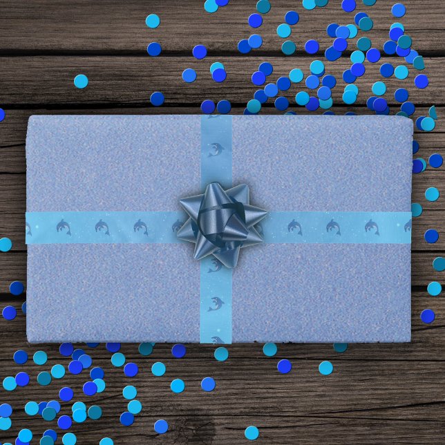 Glitter Blue White Jumping Dolphins water Bubbles Satin Ribbon (Cute jumping sparkle dark blue and white dolphins on pretty blue with water bubbles gift wrap ribbon)