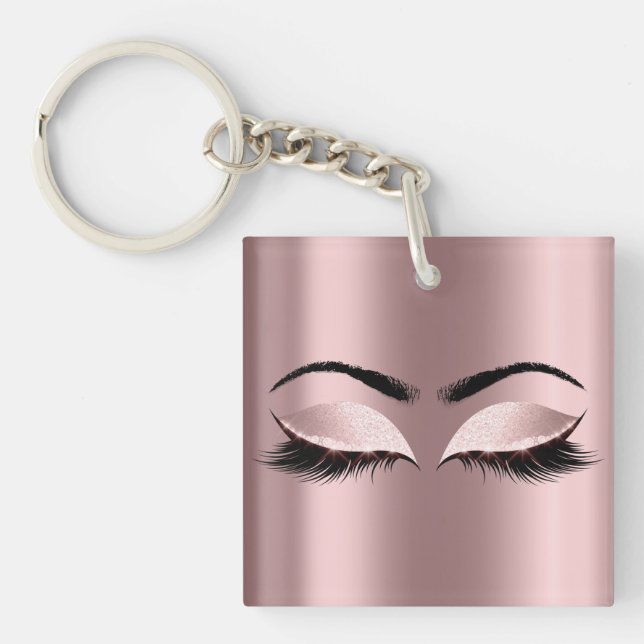 Glitter Blush Pink Girly Makeup Lashes Name Eyes Key Ring (Front)