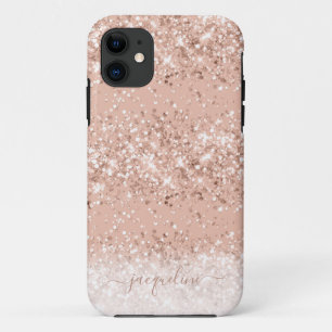 Glitter Blush Pink Rose Gold Monogram iPhone 11 Case