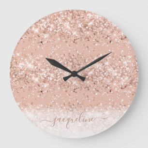 Glitter Blush Pink Rose Gold Monogram Large Clock