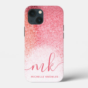 Glitter Blush Pink Rose Gold Monogrammed Script iPhone 13 Mini Case