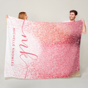 Glitter Blush Pink Rose Gold Monogrammed Script Fleece Blanket