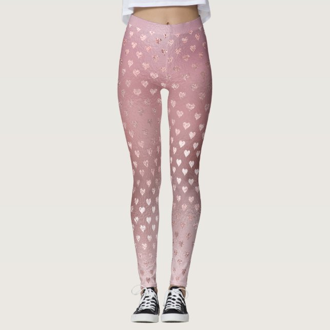 Glitter Blush Small Hearts Pink Rose Gold Sparkly Leggings (Front)