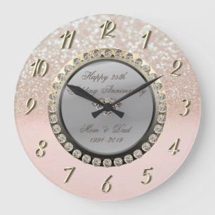 Glitter Bokeh Diamonds 25th Wedding Anniversary Large Clock