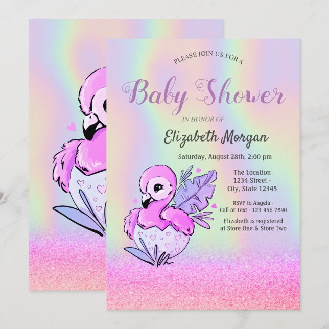 Glitter Bokeh, Flamingo, Holographic Baby Shower I Invitation (Front/Back)