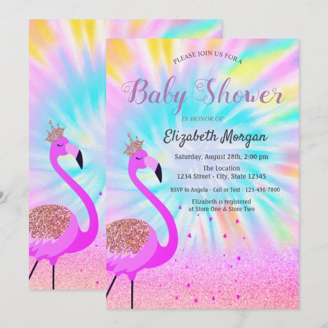 Glitter Bokeh, Flamingo, Ombre Tie Dye Invitation (Front/Back)