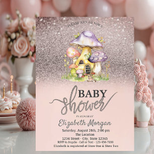 Glitter Bokeh,Floral Mushroom Houses Baby Shower Invitation