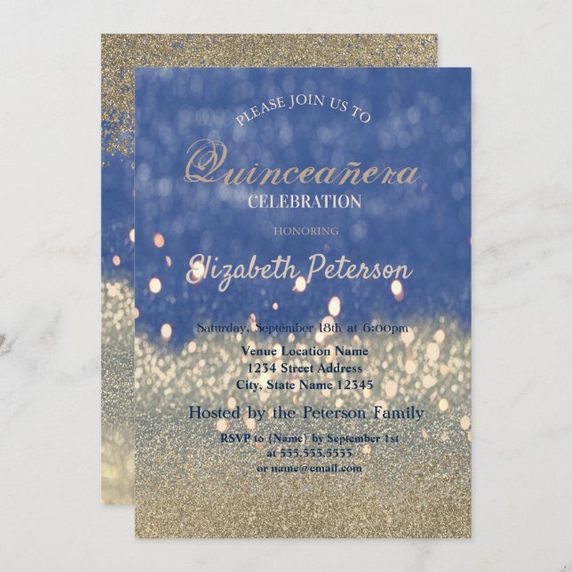Glitter Bokeh Gold Diamonds Quinceañera Invitation (Front/Back)