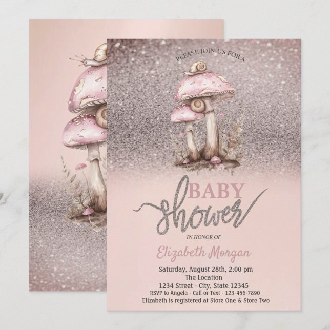 Glitter Bokeh,Mushrooms Snails Baby Shower Invitation (Front/Back)
