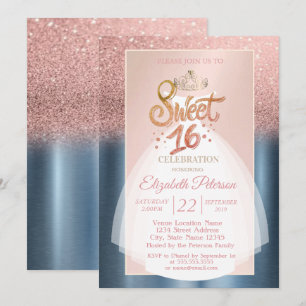 Glitter Bokeh Ombre, Dress Blue Sweet 16 Party Invitation