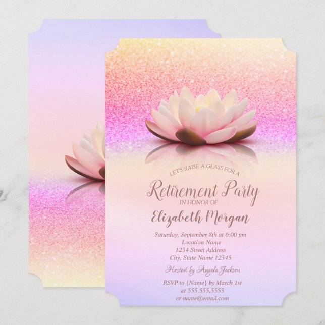 Glitter Bokeh Ombre Lotus Retirement Invitation (Front/Back)