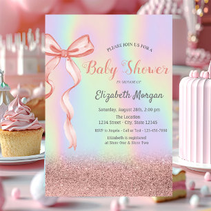 Glitter Bokeh, Pink Bow Holographic Baby Shower Invitation