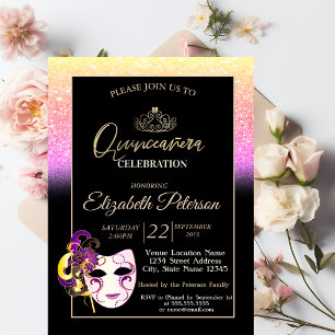 Glitter Bokeh, Tiara, Masquerade  Quinceañera Invitation
